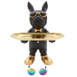 Διακοσμητικό polyresin 23Χ15Χ28 εκ. Σκύλος μαύρο χρυσό με μεταλλικό δίσκο