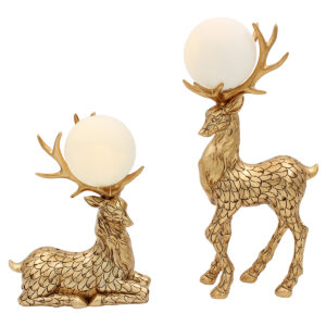 Διακοσμητικά polyresin τεμ 2 14Χ8Χ30 εκ. – 16Χ8Χ21 εκ. Ελάφια χρυσά με φωτιζόμενη μπάλα
