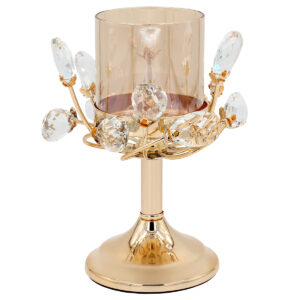 Διακοσμητικό μεταλλικό – κηροπήγιο Φ15Χ19 εκ. χρυσό με κρύσταλλα και γυαλί