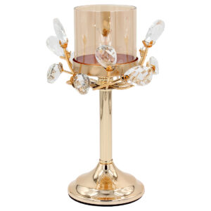 Διακοσμητικό μεταλλικό – κηροπήγιο Φ15Χ24 εκ. χρυσό με κρύσταλλα και γυαλί