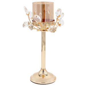 Διακοσμητικό μεταλλικό – κηροπήγιο Φ15Χ29 εκ. χρυσό με κρύσταλλα και γυαλί
