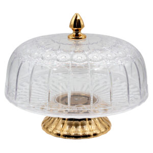 Τουρτιέρα – πιατέλα πλαστική κολωνάτη με καπάκι Φ31Χ25 εκ. διάφανη με χρυσό