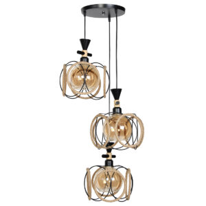 Φωτιστικό μεταλλικό κρεμαστό άνισο 3 Χ Ε27 Φ23 εκ. Μαύρο με σχοινί και γυαλιά