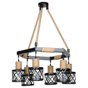 Φωτιστικό μεταλλικό κρεμαστό 6 Χ Ε27 70Χ60Χ32-86 εκ. Μαύρο με σχοινί