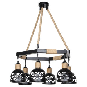 Φωτιστικό μεταλλικό κρεμαστό 6 Χ Ε27 70Χ60Χ32-86 εκ. Μαύρο με σχοινί