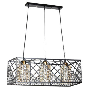 Φωτιστικό μεταλλικό κρεμαστό 3 Χ Ε27 60Χ20Χ20-90 εκ. Μαύρο με γυαλιά και κρύσταλλα