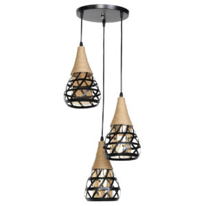 Φωτιστικό μεταλλικό κρεμαστό άνισο 3 Χ Ε27 Φ23 εκ. Μαύρο με σχοινί και γυαλιά