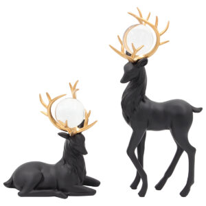 Διακοσμητικά polyresin τεμ 2 13Χ6,5Χ30 – 16Χ7Χ19 εκ. Ελάφια Μαύρα Χρυσά με γυάλινες μπάλες