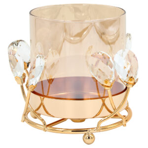 Κηροπήγιο μεταλλικό Φ14Χ12 εκ. Χρυσό με κρύσταλλα και μελί γυαλί