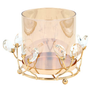 Κηροπήγιο μεταλλικό Φ16Χ14 εκ. Χρυσό με κρύσταλλα και μελί γυαλί