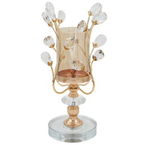 Κηροπήγιο μεταλλικό Φ12Χ31 εκ. Χρυσό με κρύσταλλα και μελί γυαλί