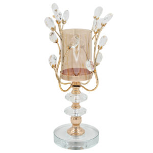 Κηροπήγιο μεταλλικό Φ12Χ36 εκ. Χρυσό με κρύσταλλα και μελί γυαλί