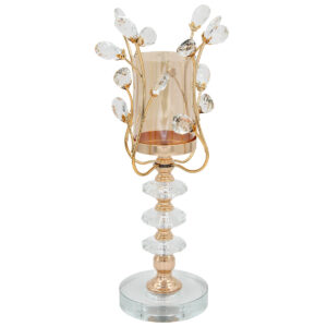 Κηροπήγιο μεταλλικό Φ12Χ39 εκ. Χρυσό με κρύσταλλα και μελί γυαλί