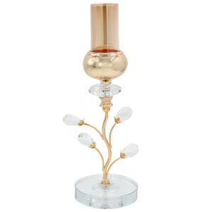 Κηροπήγιο μεταλλικό Φ12Χ36 εκ. Χρυσό με κρύσταλλα και μελί γυαλί