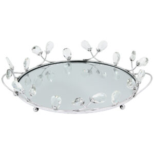 Διακοσμητικό – Δίσκος μεταλλικός 36Χ32Χ7 εκ. Ασημί με καθρέπτη και κρύσταλλα