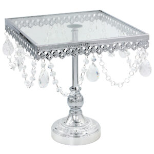 Τουρτιέρα – πιατέλα κολωνάτη μεταλλική 28Χ28Χ29 εκ. Ασημί με κρύσταλλα και γυάλινη επιφάνεια