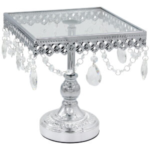 Τουρτιέρα – πιατέλα κολωνάτη μεταλλική 23Χ23Χ24 εκ. Ασημί με κρύσταλλα και γυάλινη επιφάνεια