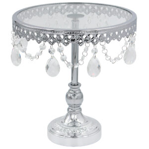 Τουρτιέρα – πιατέλα κολωνάτη μεταλλική Φ28Χ30 εκ. Ασημί με κρύσταλλα και γυάλινη επιφάνεια