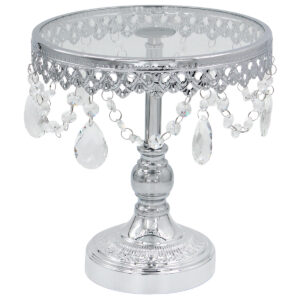 Τουρτιέρα – πιατέλα κολωνάτη μεταλλική Φ23Χ25 εκ. Ασημί με κρύσταλλα και γυάλινη επιφάνεια