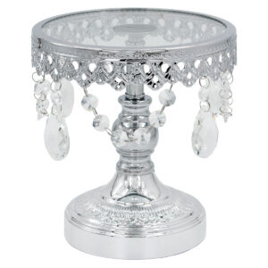 Τουρτιέρα – πιατέλα κολωνάτη μεταλλική Φ18Χ20 εκ. Ασημί με κρύσταλλα και γυάλινη επιφάνεια