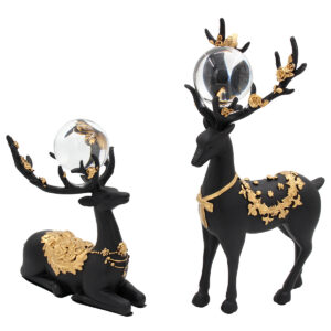 Διακοσμητικά polyresin τεμ 2 16Χ14Χ30 – 16Χ11Χ18 εκ. Ελάφια Μαύρα Χρυσά με γυάλινες μπάλες