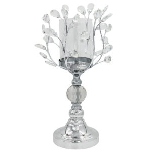 Κηροπήγιο μεταλλικό Φ22Χ43 εκ. Ασημί με κρύσταλλα και γυαλί