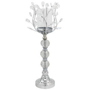 Κηροπήγιο μεταλλικό Φ22Χ59 εκ. Ασημί με κρύσταλλα και γυαλί