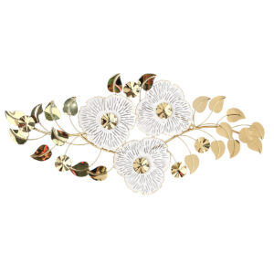 Πίνακας τοίχου μεταλλικός 126Χ60 εκ. Λευκό Χρυσό με λουλούδια και φύλλα