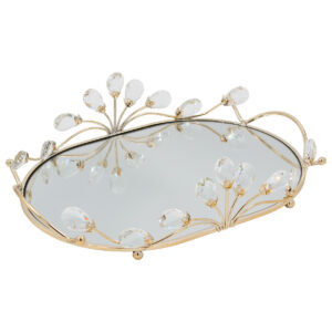 Διακοσμητικό – Δίσκος μεταλλικός 37Χ26Χ10 εκ. Χρυσός με καθρέπτη και κρύσταλλα