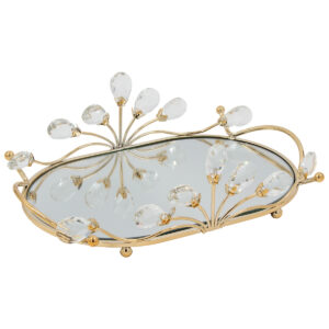 Διακοσμητικό – Δίσκος μεταλλικός 31Χ21Χ10 εκ. Χρυσός με καθρέπτη και κρύσταλλα