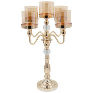 Κηροπήγιο μεταλλικό 5 θέσεων Φ40Χ63 εκ. Χρυσό με κρύσταλλα και μελί γυαλιά