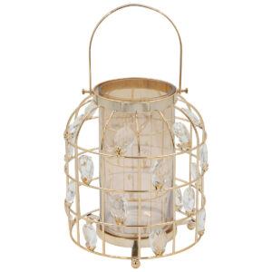 Κηροπήγιο – φανάρι μεταλλικό Φ19Χ22 εκ. Χρυσό με κρύσταλλα και μελί γυαλί