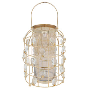 Κηροπήγιο – φανάρι μεταλλικό Φ19Χ26 εκ. Χρυσό με κρύσταλλα και μελί γυαλί