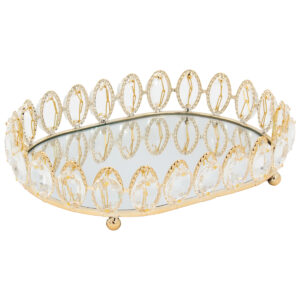 Διακοσμητικό – Δίσκος μεταλλικός 25Χ18Χ5,5 εκ. Χρυσός με καθρέπτη και κρύσταλλα