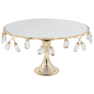 Τουρτιέρα – πιατέλα κολωνάτη μεταλλική Φ36Χ20 εκ. Χρυσή με κρύσταλλα και καθρέπτη