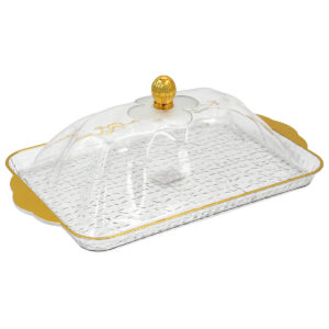 Τουρτιέρα – πιατέλα πλαστική με καπάκι 42Χ25,5Χ14 εκ. με χρυσό