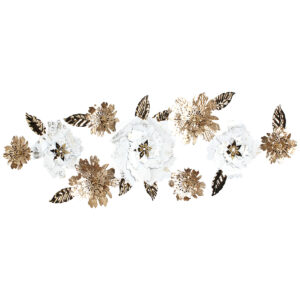 Πίνακας τοίχου μεταλλικός 150Χ55 εκ. Λευκός Χρυσός με λουλούδια και φύλλα