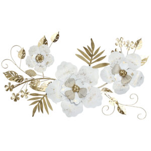 Πίνακας τοίχου μεταλλικός 130Χ72 εκ. Λευκός Χρυσός με λουλούδια και φύλλα