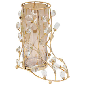 Ανθοδοχείο – Κηροπήγιο μεταλλικό 25Χ13Χ27 εκ. Μπότα Χρυσή με κρύσταλλα