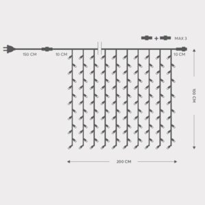 ΚΟΥΡΤΙΝΑ, 200 LED 5mm, 230V, 3 ΕΠΕΚΤΑΣΕΙΣ ΕΩΣ 5 ΣΕΤ, ΠΡΑΣΙΝΟ ΚΑΟΥΤΣΟΥΚ ΚΑΛΩΔΙΟ, ΛΕΥΚΟ LED (H100 x W200cm, 20 LINES x 10 LED), ΠΡΟΕΚΤΑΣΗ ΠΑΡΟΧΗΣ 1.5m, ΙΡ65