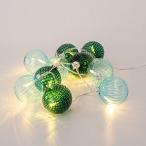 ΣΕΙΡΑ, 10 LED 5mm, ΠΡΑΣΙΝΕΣ ΓΥΑΛΙΝΕΣ ΜΠΑΛΕΣ Φ6cm, 4.5V ΜΕΤΑΣΧΗΜΑΤΙΣΤΗ, ΔΙΑΦΑΝΟ PVC ΚΑΛΩΔΙΟ, ΘΕΡΜΟ ΛΕΥΚΟ LED ΑΝΑ 15cm, ΠΡΟΕΚΤΑΣΗ ΠΑΡΟΧΗΣ 3m, IP44