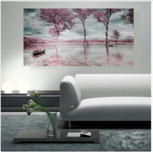 Πίνακας βάρκα σε λίμνη με ροζ δέντρα