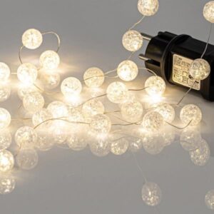 ΣΕΙΡΑ, 100 MINI LED, ΑΚΡΥΛΙΚΕΣ ΜΠΑΛΙΤΣΕΣ 2cm, 4.5V ΜΕΤΑΣΧΗΜΑΤΙΣΤΗ, ΑΣΗΜΙ ΧΑΛΚΙΝΟ ΚΑΛΩΔΙΟ, ΘΕΡΜΟ ΛΕΥΚΟ LED ΑΝΑ 5cm, ΠΡΟΕΚΤΑΣΗ ΠΑΡΟΧΗΣ 3m, IP44