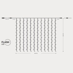 ΚΟΥΡΤΙΝΑ, 500 FLASH LED 5mm, 31V ΜΕΤΑΣΧΗΜΑΤΙΣΤΗ, 4 ΕΠΕΚΤΑΣΕΙΣ ΕΩΣ 3 ΣΕΤ, ΔΙΑΦΑΝΟ PVC ΚΑΛΩΔΙΟ, ΘΕΡΜΟ ΛΕΥΚΟ LED (H250 x L300cm, 20 ΣΕΙΡΕΣ x 25 LED), ΠΡΟΕΚΤΑΣΗ ΠΑΡΟΧΗΣ 3m, ΙΡ44